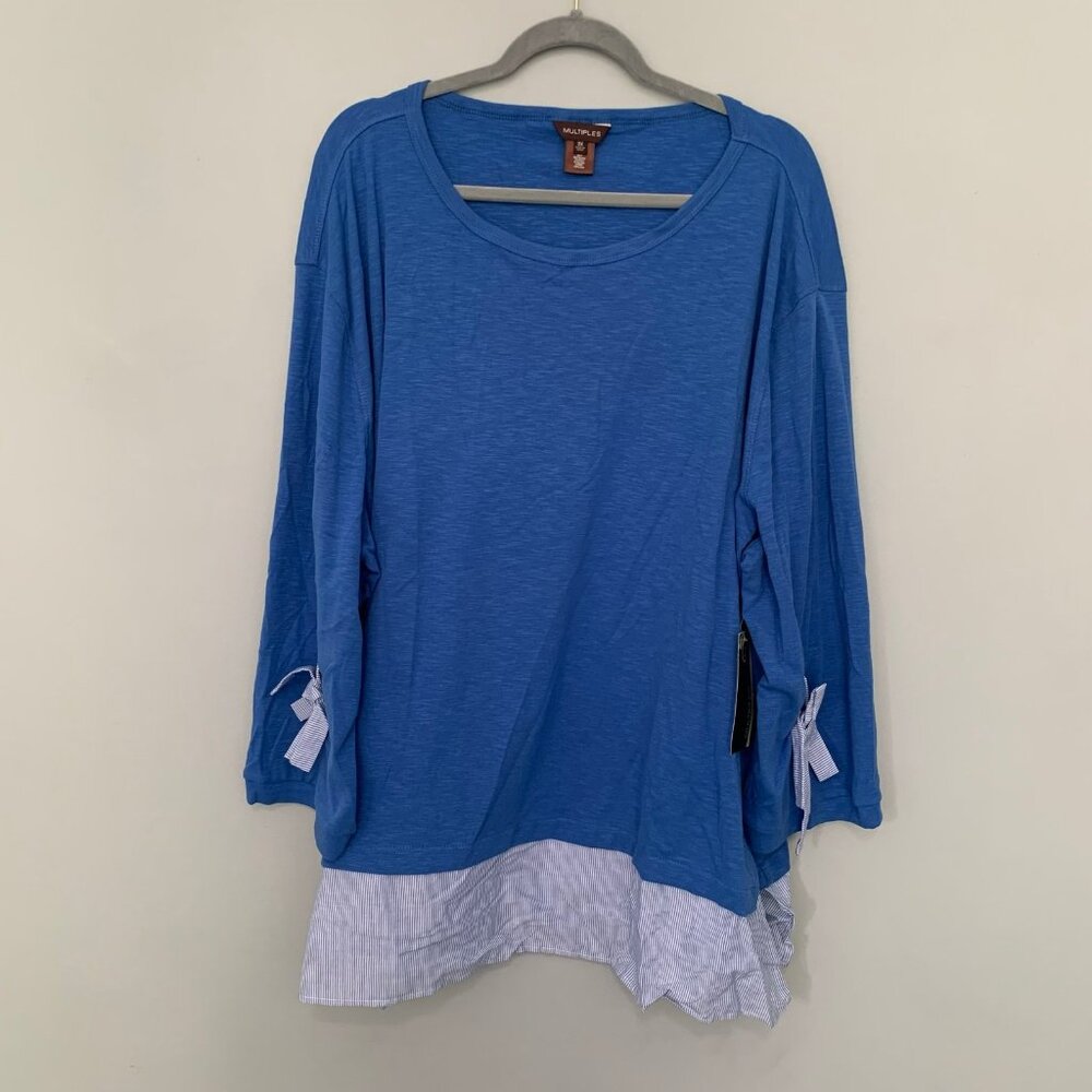 NEW Multiples Womens‎ 3X Blue Slub Knit Layered Pinstripe Hem Bow Cuff Top